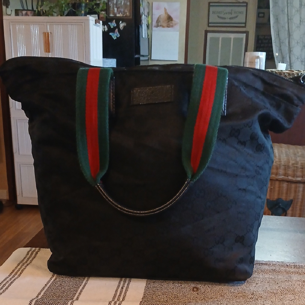 Gucci Black Tote with Green and Red Straps